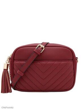 Chevron Quilted Crossbody Camera Bag with Chain Strap and Tassel Faux Leather